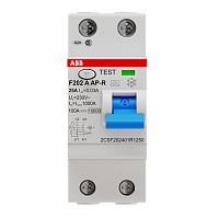 УЗО ABB F202 A-25/0,03 AP-R, 2P 25A 30MA 10KA 2M, ДОП. ЗАЩИТА ОТ ЛОЖНЫХ СРАБАТЫВАНИЙ