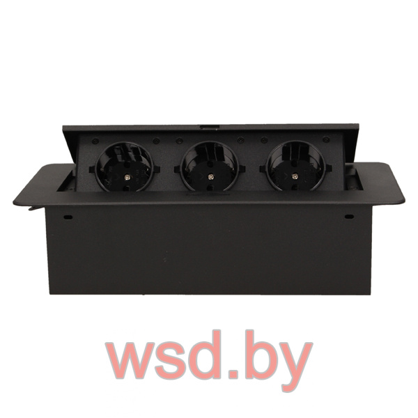 Блок розеточный встраиваемый 3x2P+E со шторками, без кабеля, 3600Вт, металл, черный ORNO. Фото N2