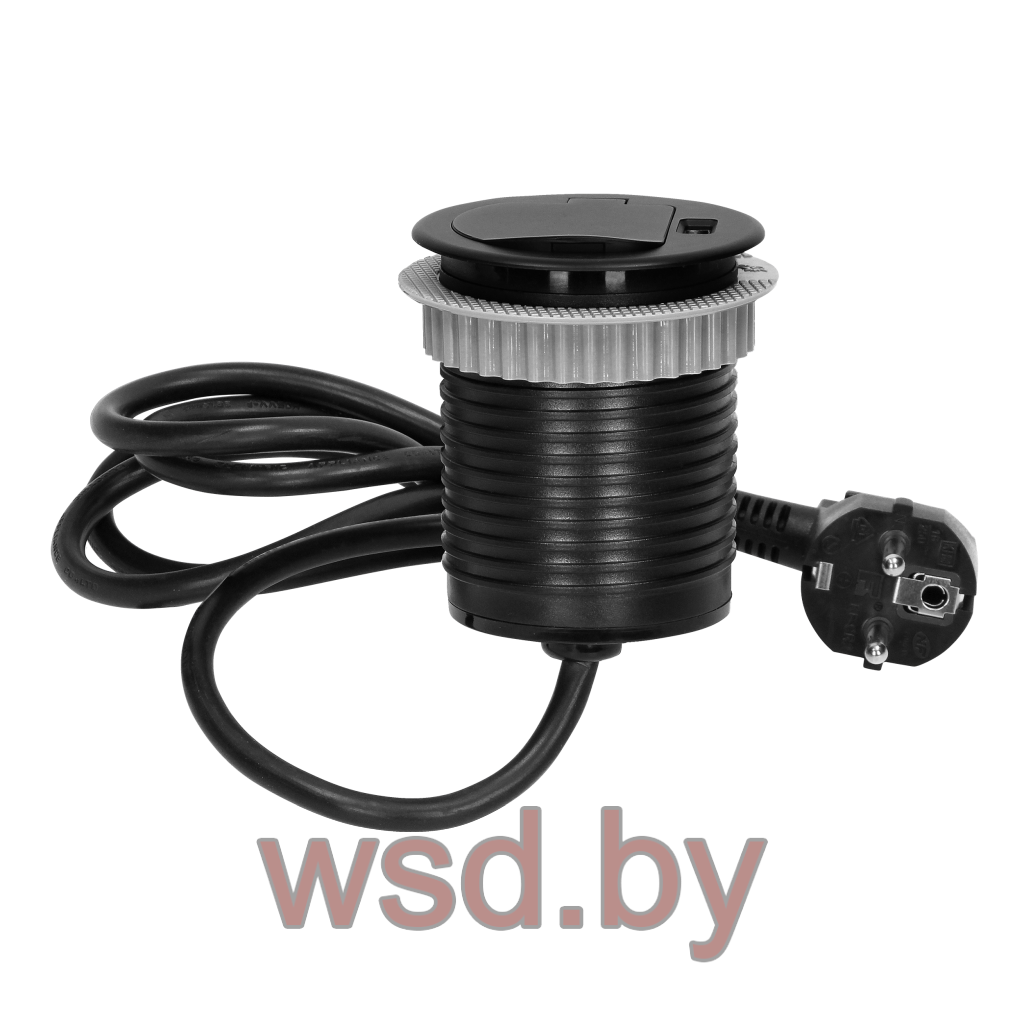 Блок розеточный встраиваемый d=60мм, USB 5V 2,4A + 2P+E со шторками, 3680вт, кабель 1,9м, черный