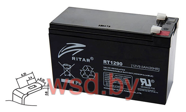 Батарея аккумуляторная Ritar RT1290, F2, 12V/9Ah, 94(99)x151x65 HxLxW, 2.3kg, 6-8 лет	