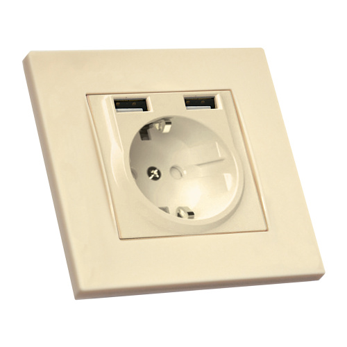 Розетка Mutlusan Rita 2P+E, с 2хUSB 2,4A (однопостовой монтаж в комплекте с рамкой), слоновая кость
