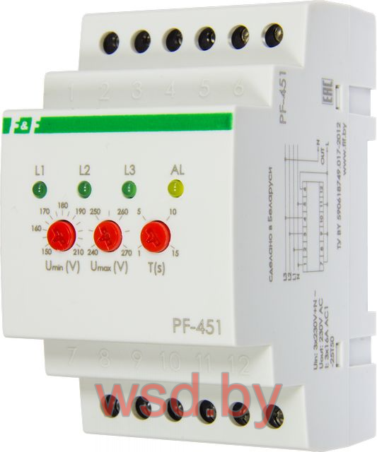 PF-451 Переключатель фаз автоматический, без приоритетной фазы, с выходами для контакторов, порог переключения: нижний 150-210 В, верхний 230-260 В, 16 А