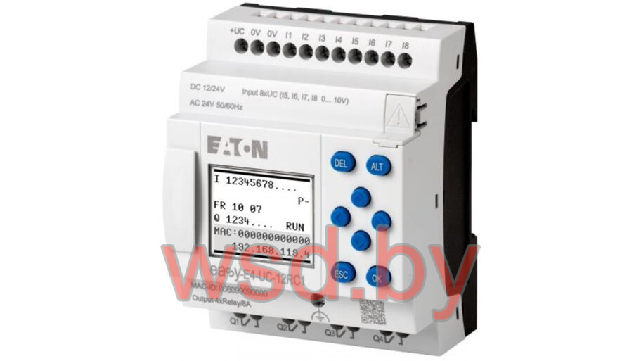 Программируемый логический контроллер EASY-E4-AC-12RC1P, 100_240VAC/VDC, 8DI, 4RO, RTC, Ethernet, ЖКИ, push-in