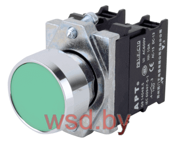 Кнопка плоская PB1S, зеленая, без фиксации, без подсветки, 1NO, 6A 230VAC/24VDC, 22mm, IP65