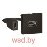 Mosaic - Розетка HDMI 1.4, тип А, 2М, шнур 15см. с соединителем, матовый черный