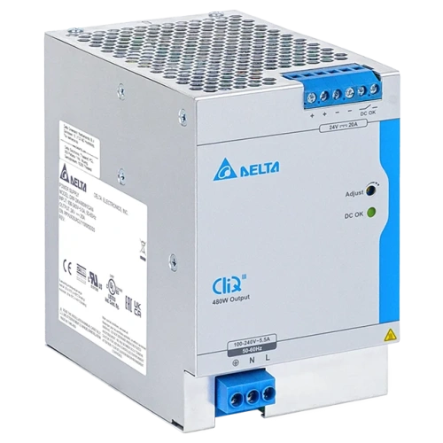 Блок питания импульсный Delta CliQ III, 480W, 20А, 88_264VAC (100/88_375VDC) / 24VDC, DIN35, реле DC OK, винт.клеммы, ал.корпус